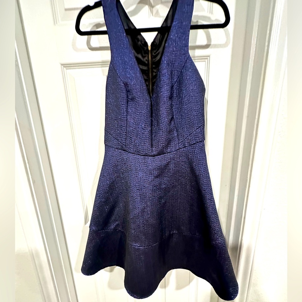 Express blue metallic fun V-neck  party dress